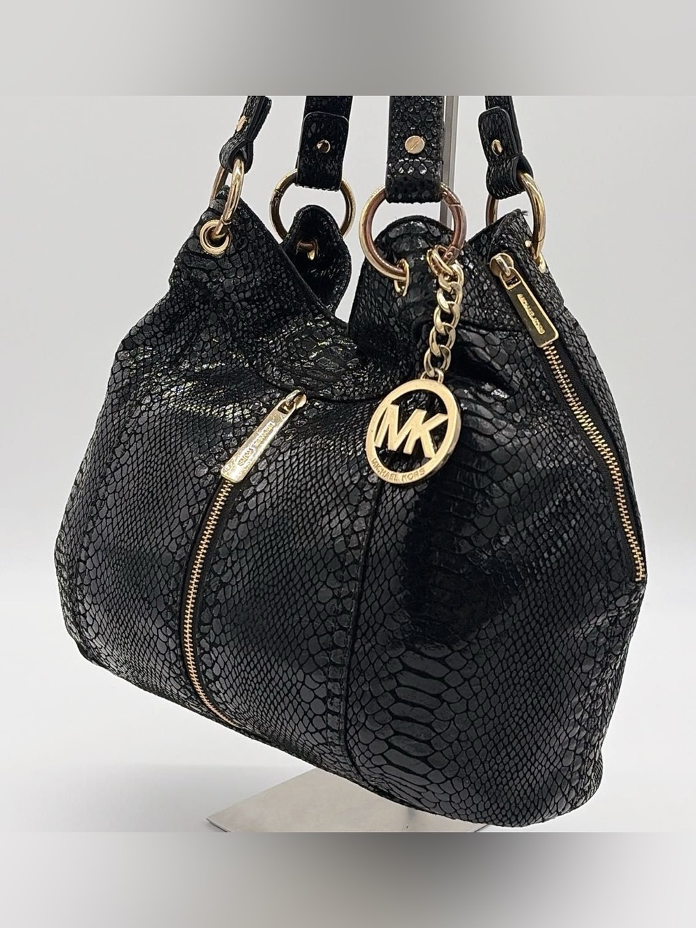 Michael Kors Moxley black embossed python leather shoulder bag